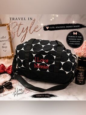 Thirty-One Black & White Polka Dot “I Love Minnie!” Duffle/Weekender Bag Disney